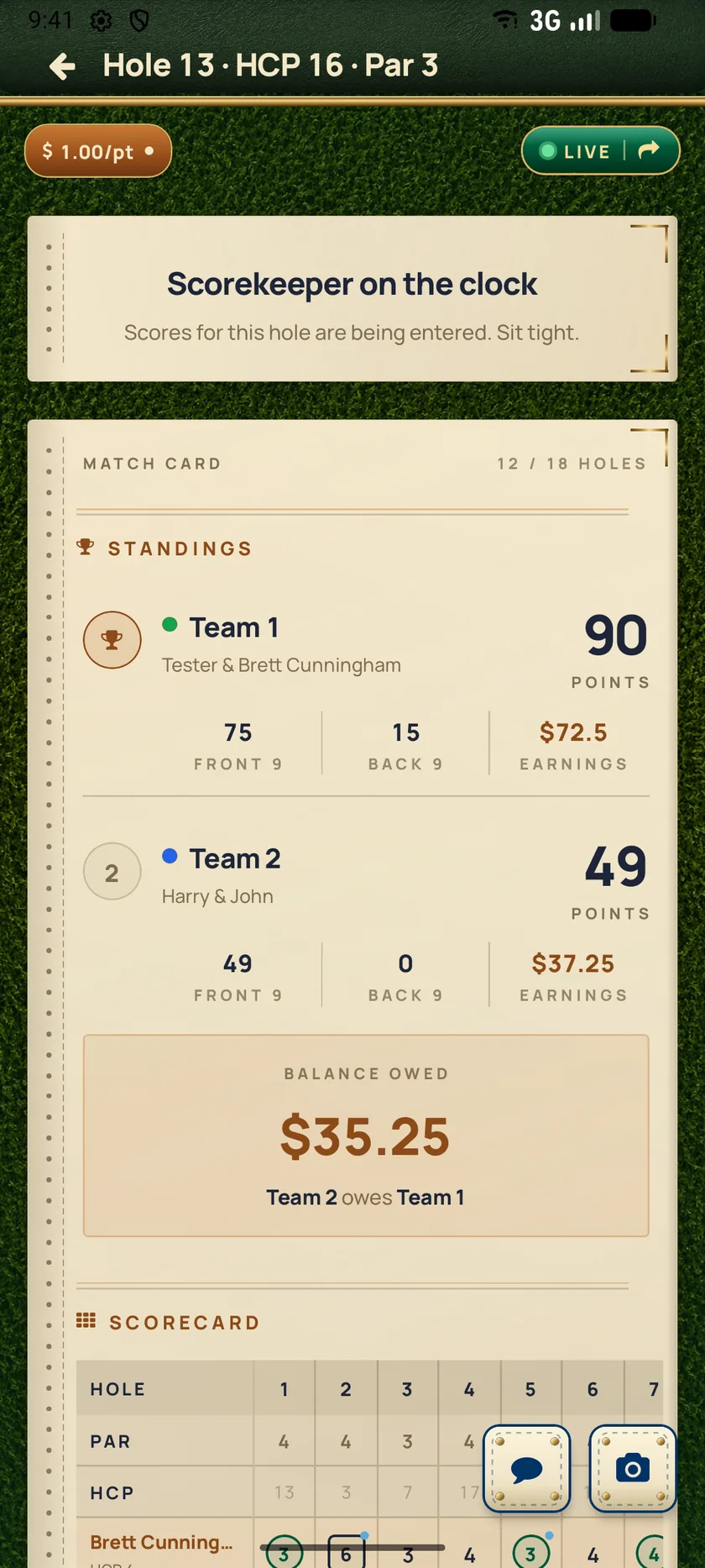 Live scoring in Sneakies — team standings, balance owed, and the running scorecard