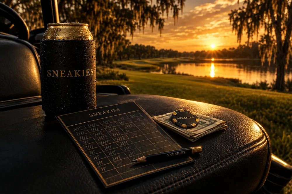 A scorecard, a pencil and the money on the seat of a golf cart at sunset
