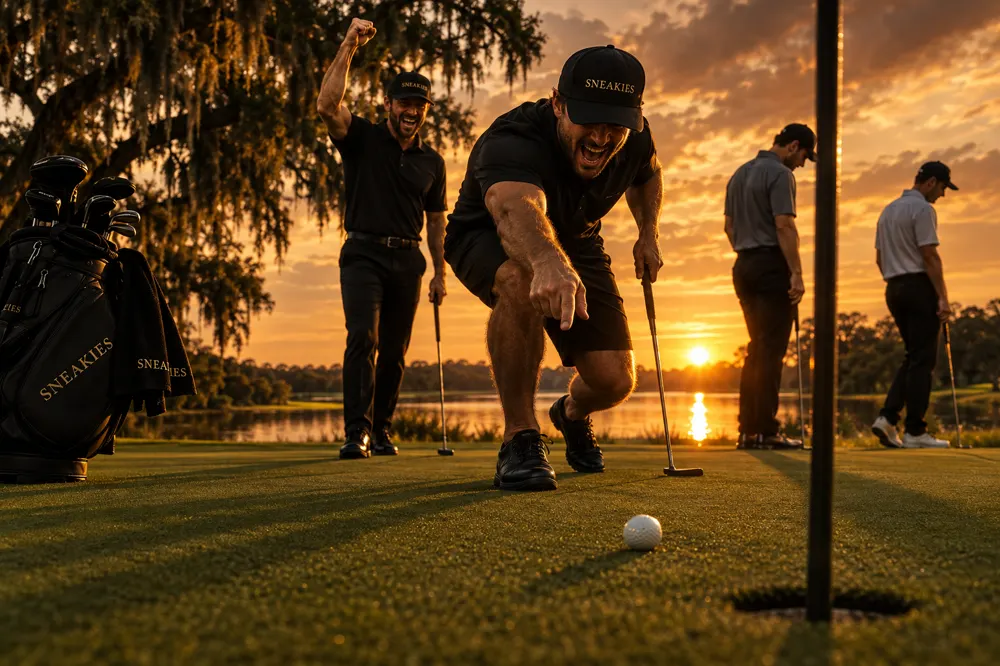 A golfer pointing at his ball on the green and shouting