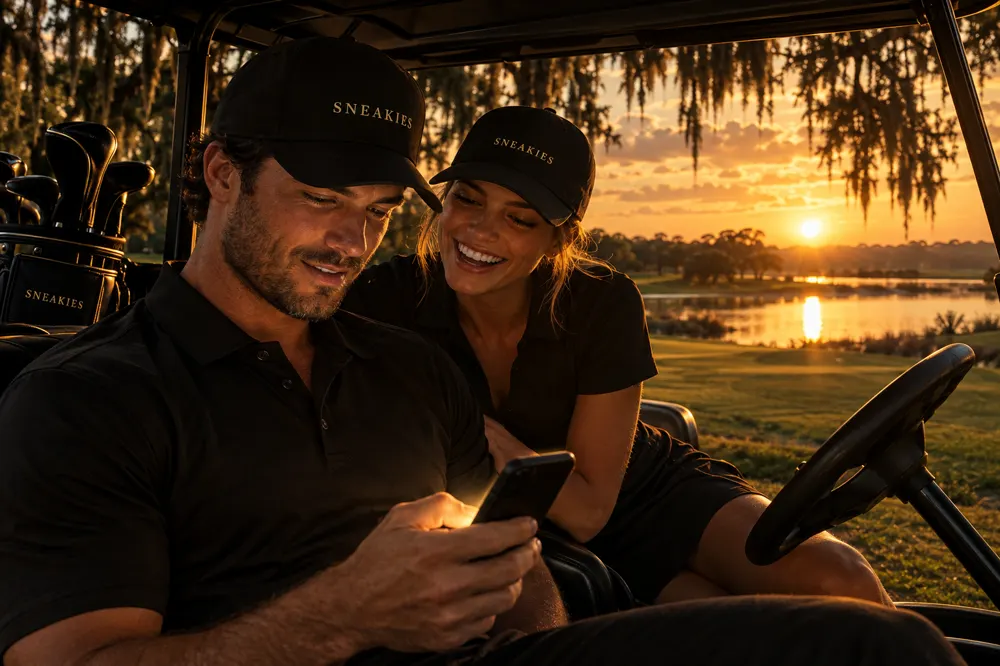 The scorekeeper in the cart with his phone, his partner leaning in