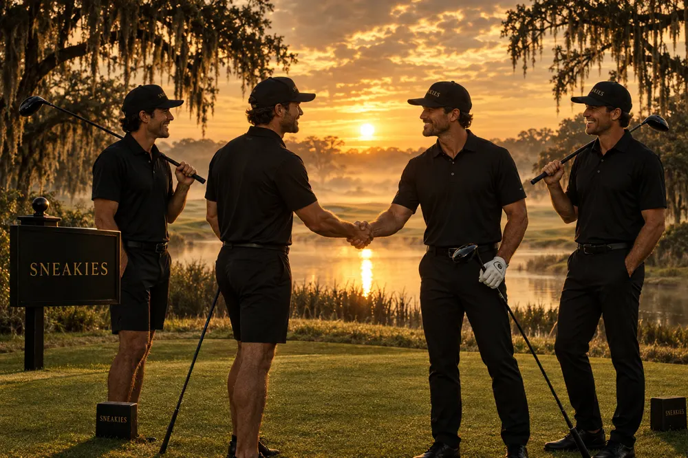 Four golfers shaking hands on the first tee at sunrise